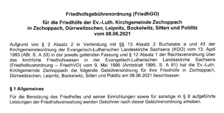 Friedhofsgebührenordnung 2021 Kirchgemeinde Zschoppach